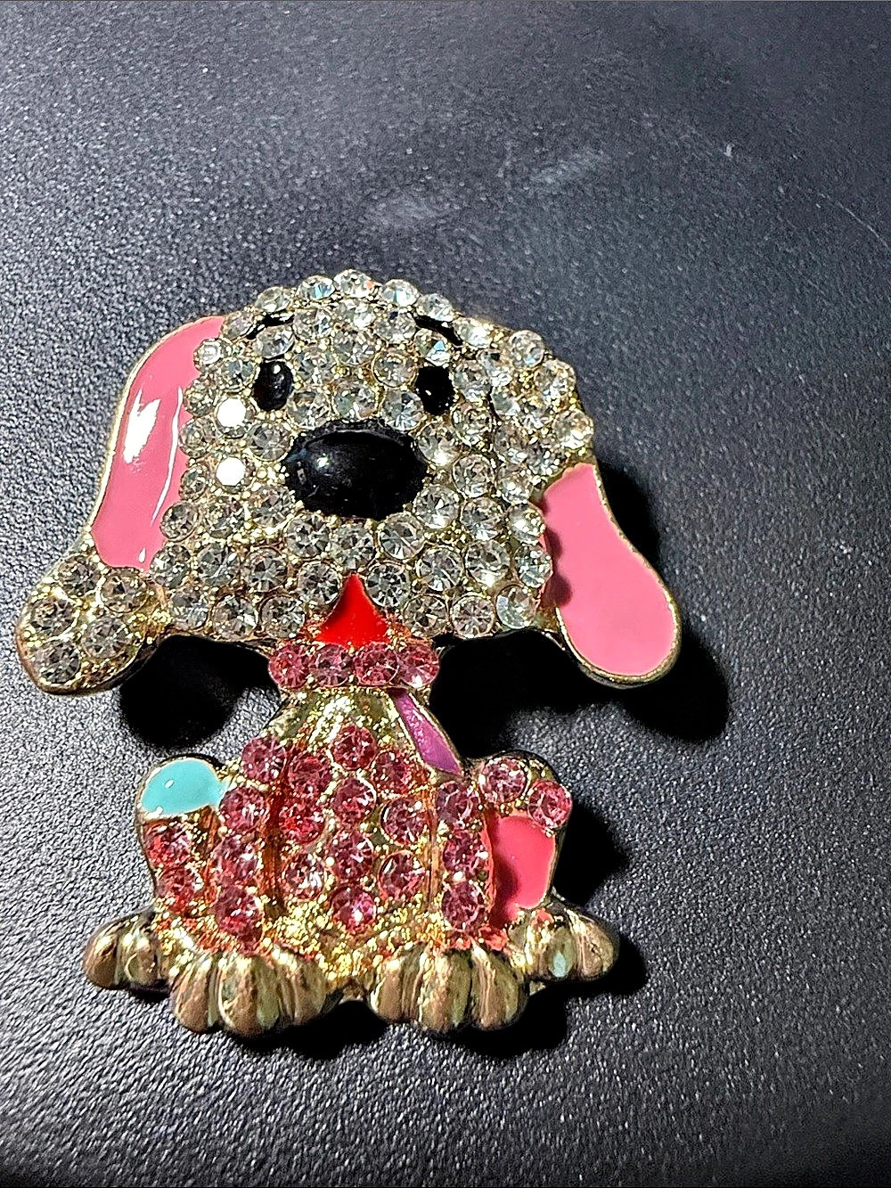 Crystal Puppy Brooch in Pink & Gold